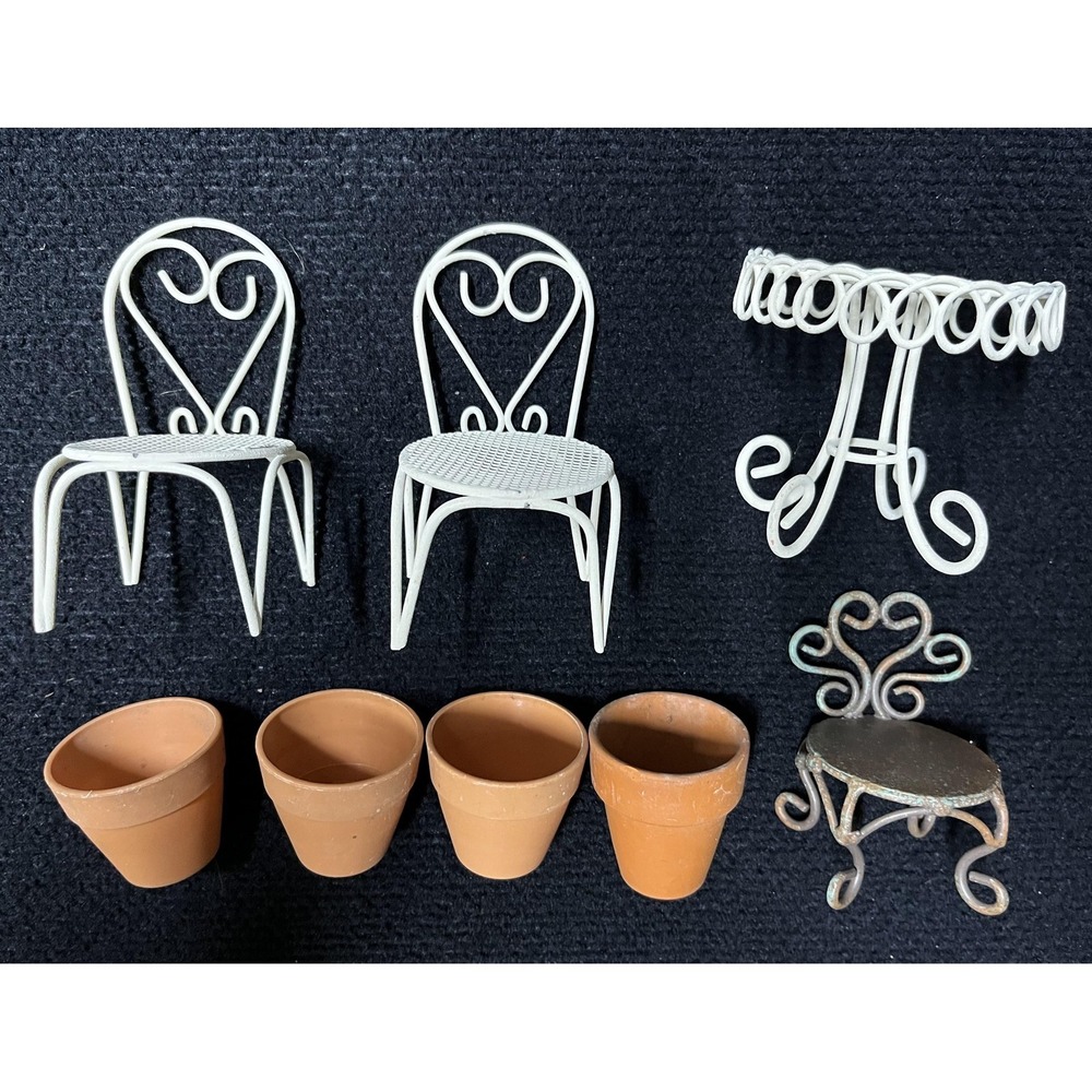 Lot Of 8 Dollhouse Miniature Patio Furniture White Metal Chairs Table Pots‎ 1:12